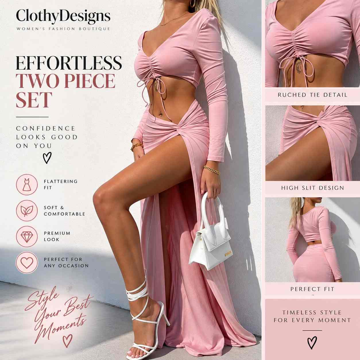 Women’s Long Sleeve Ruched Top & Split Skirt Set – Drawstring Bodycon Two-Piece Autumn Outfit